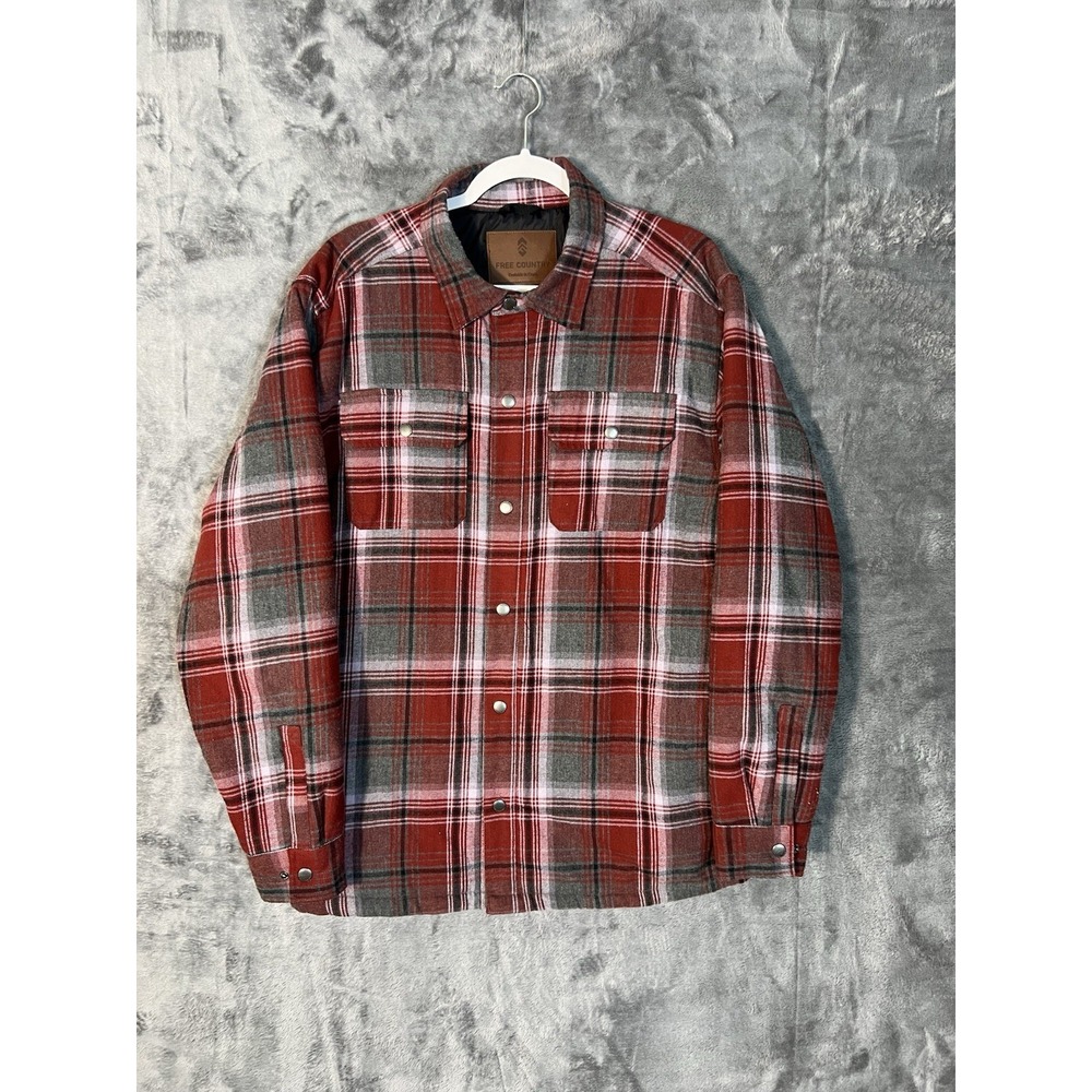 Free Country Mens Red Grey Plaid Quilted Lined Flannel Shirt Jacket Large